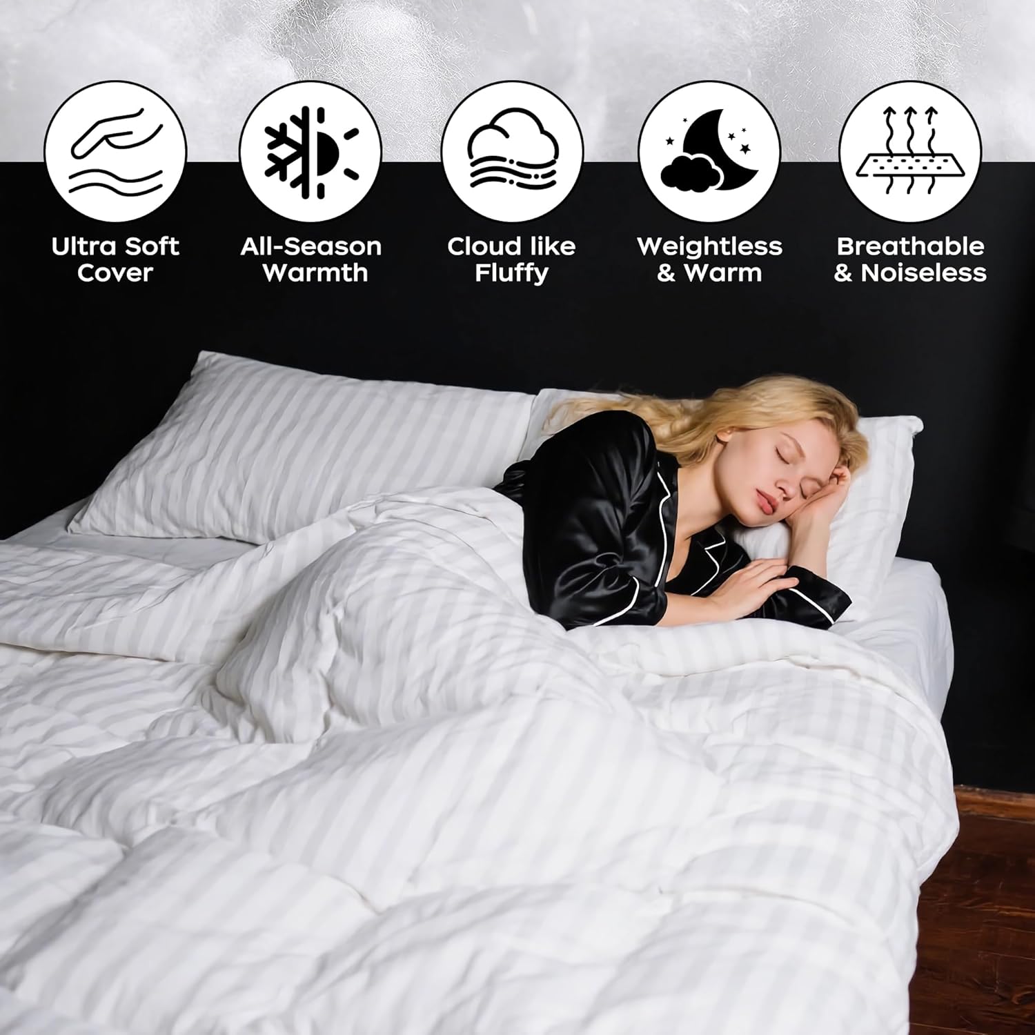 puredown® Goose Feather Comforter Full/Queen Size - All Season Duvet Insert, Ultra Soft Stripe 100% Cotton Shell Hotel Collection Comforters, 500 Thread Count with Ties (90x90'',Stripe White) - Image 5