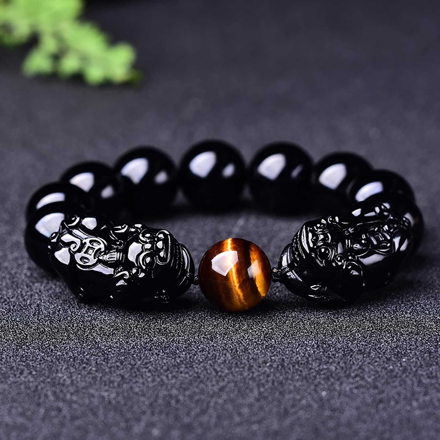 HLTYGWX Schwarzes Obsidian-Armband, doppeltes Piyao-Rundperlen-Armband, natürliches Tigerauge, verstellbar, für Damen und Herren, 16 mm
