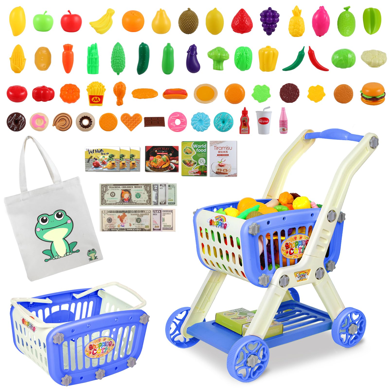 Kids Shopping Cart - 2 in 1 Toy Shopping Cart with Play Food Fruit Vegetable Dessert and Shop Accessories, 72pcs Pretend Play Grocery Store Toy