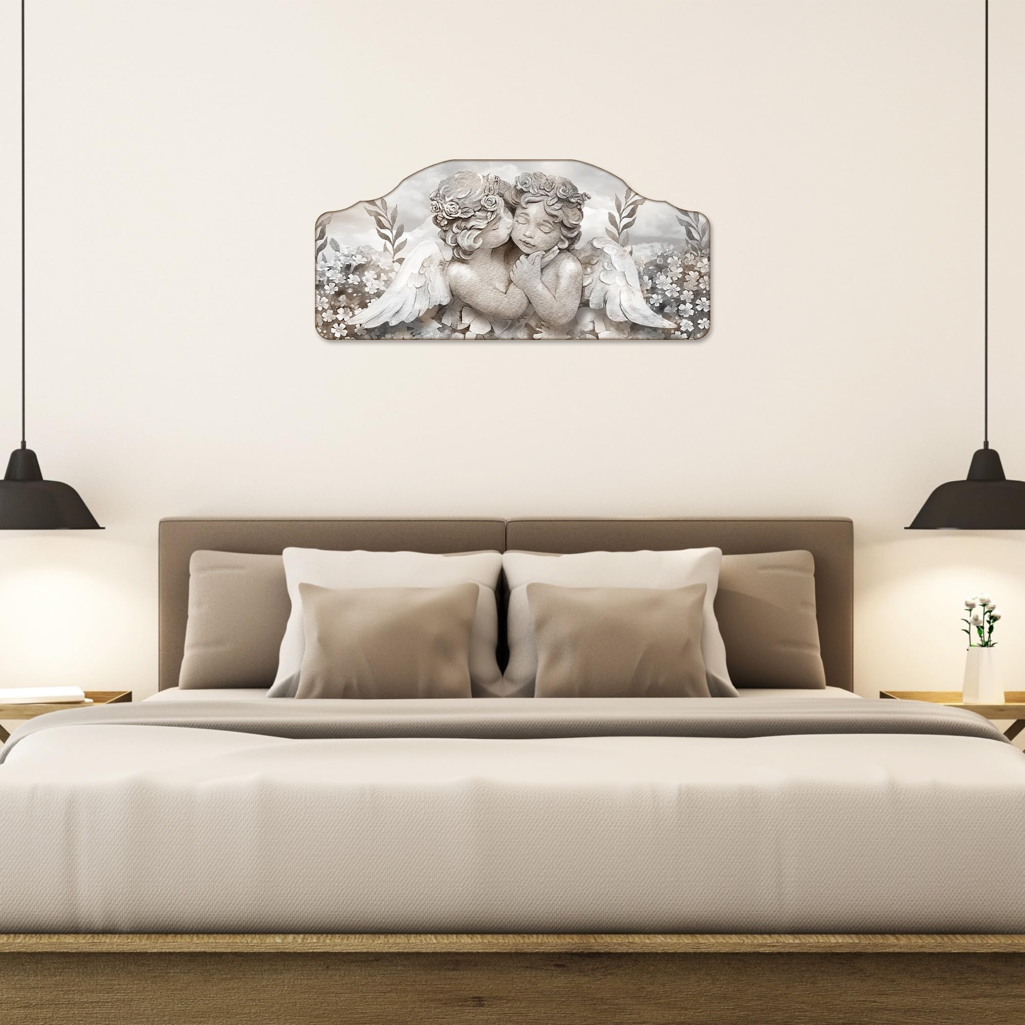 Lupia - Quadro camera da letto CAPEZZALE moderno 50x100 cm ANGELS IN FLOWERS MIX, Angeli, Stampa su legno Amorini, Artigianale, Made in Italy, soggiorno