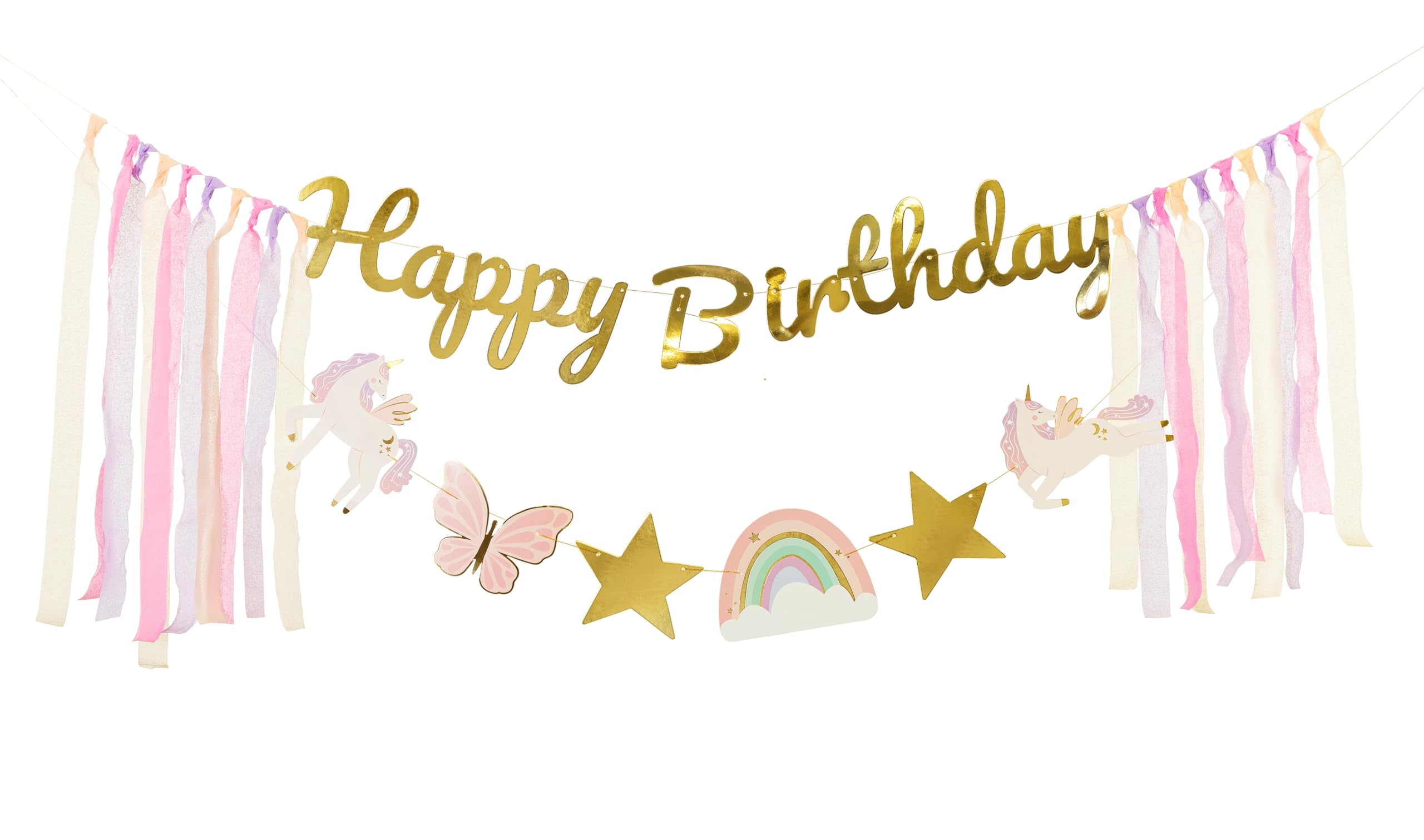 Libetui Large Garland Happy Birthday Unicorn Girl Banner Gold Butterfly Stars Rainbow Multicoloured Ribbons 230 cm Paper Cardboard Straight Birthday Decoration
