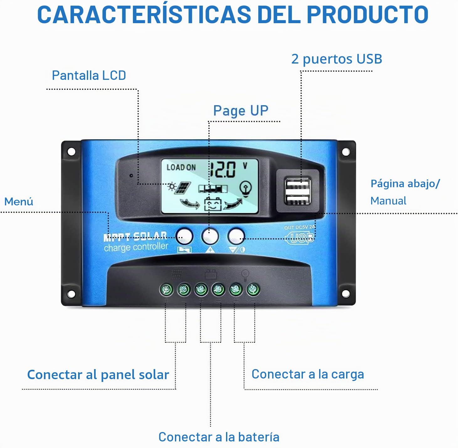 MPPT 100A Controlador de Carga Solar 12V 24V Automático, MPPT 100A Regulador de Carga Solar con LCD Pantalla 2 puertos USB, Apto muchos plomo ácido y litio Baterías