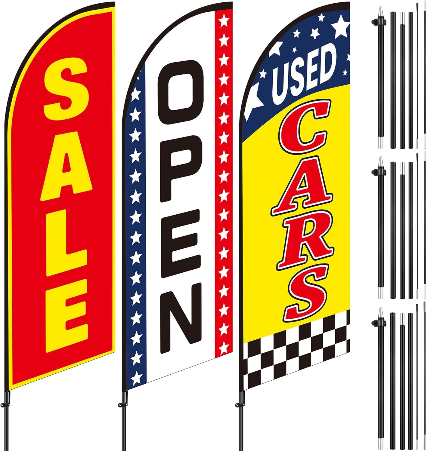 3 Pcs Used Cars Flag 7 x 5.4 ft Car Auto Dealer Swooper Feather Flags Kits Set Advertising Banner Dealership Supplies with Pole Kit for Auto Sale Business Advertising