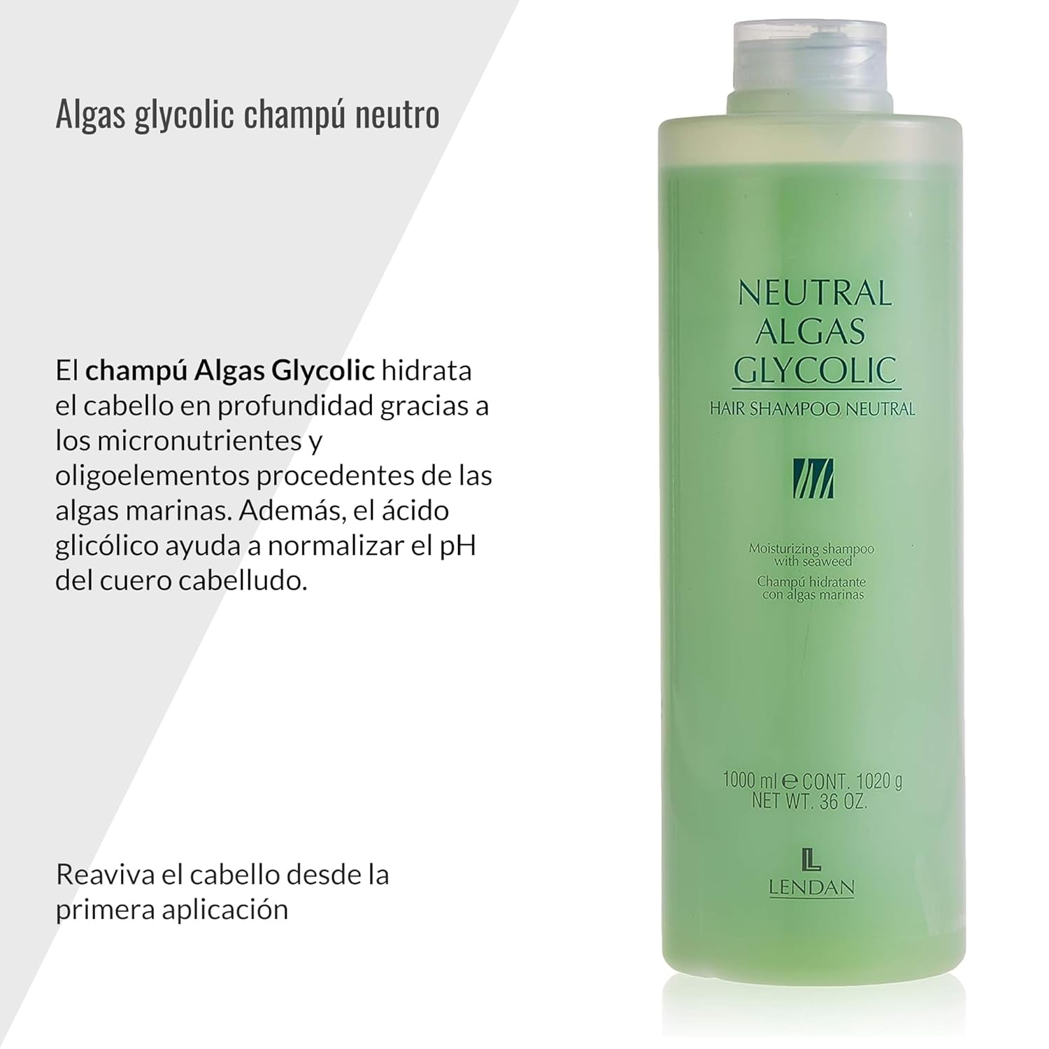 Lendan - Hydrating Shampoo with Seaweed - Neutral Algae Glycolic Shampoo - 1000 ml - Neutral Shampoo that Normalizes pH - Deeply Hydrates Hair