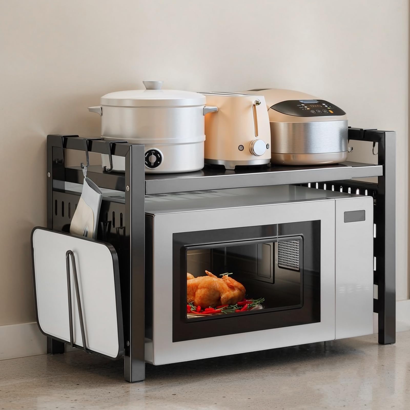 Mensola Microonde Salvaspazio Estensibile 40-64CM, Ripiani per Microonde con 6 Ganci 1 Tagliere Rack Regolabile Due Livelli Microonde Scaffale Supporto Microonde Cucina Organizzatore Ripiani