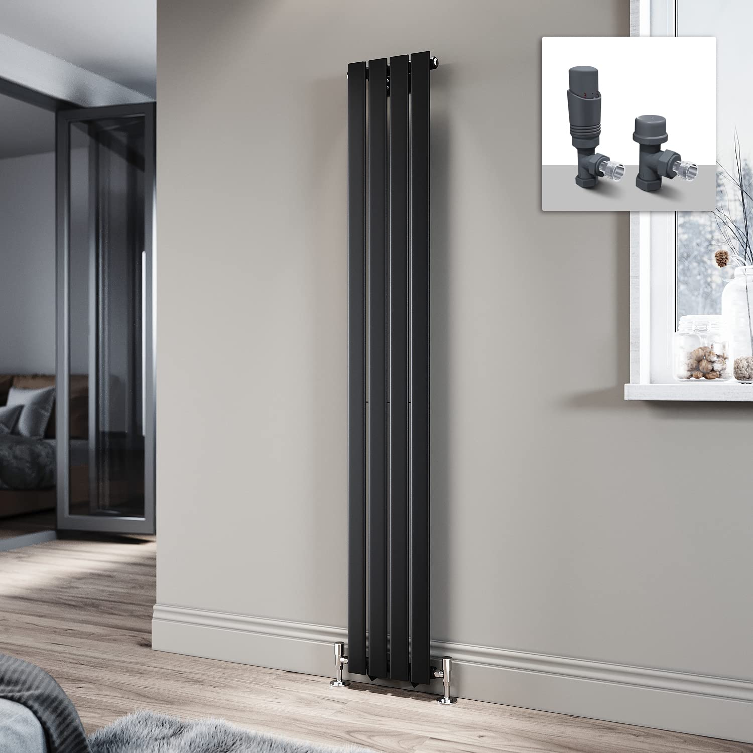 ELEGANT 1800 x 272mm Radiator Black Vertical Radiator Flat Panel Designer Radiator Single Panel Tall Upright Central Heating Radiator with Anthracite Thermostatic Valves