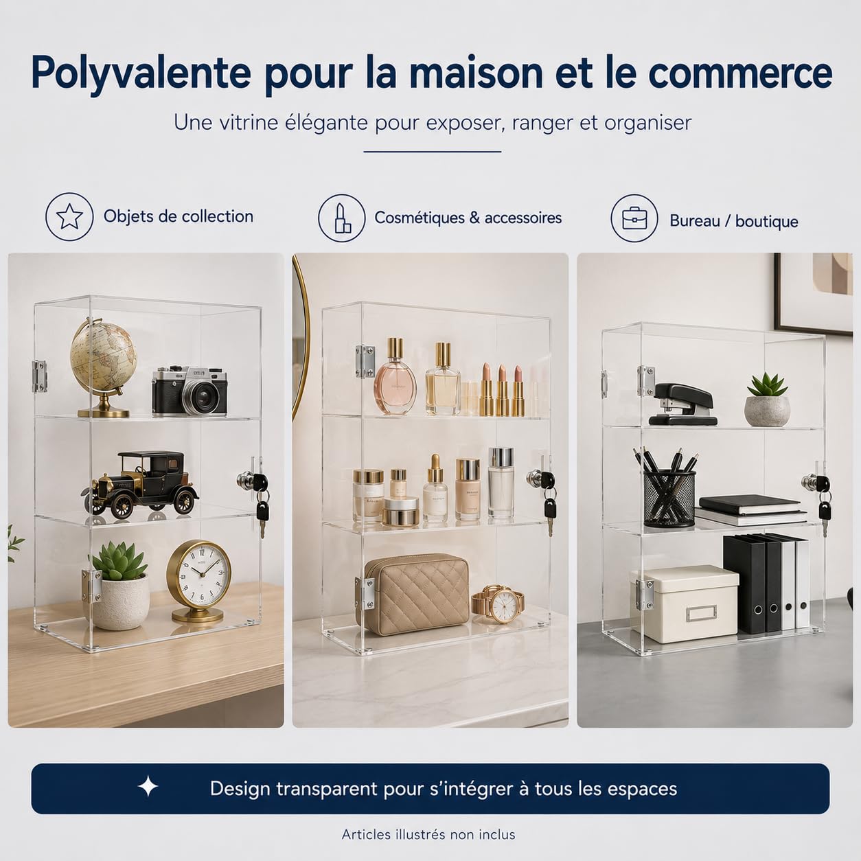 Vitrine de présentation verrouillable à 3 niveaux en acrylique, avec serrure, transparent, support d'exposition pour la maison, bureau, magasin, exposition, pièces de collection