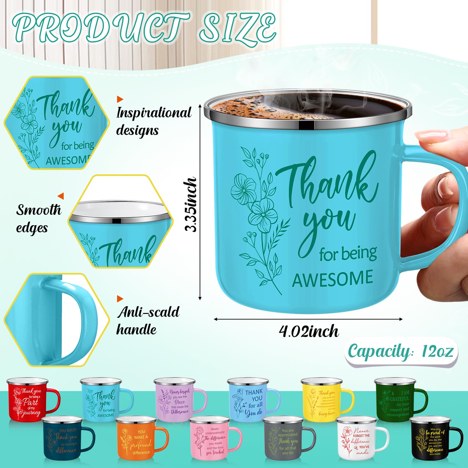 Didaey 48 tazze motivazionali smaltate da caffè con manico, regalo di ringraziamento, per il rientro a scuola, per insegnanti, volontari, dipendenti, apprezzamento (squadra floreale)