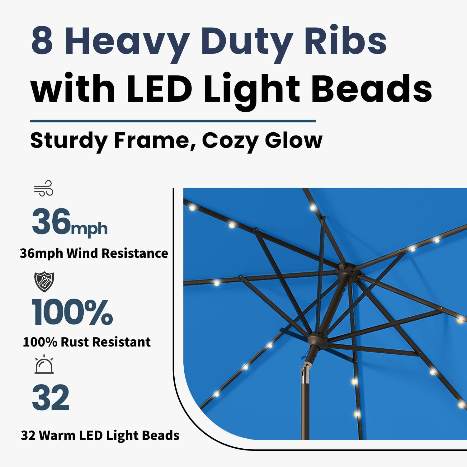 10FT Solar Umbrella 32 LED Lighted Patio Umbrella Table Market Umbrella w/Tilt and Crank, UV-Resistant Outdoor Umbrella for Pool, Garden, Deck, Royal Blue - Image 4