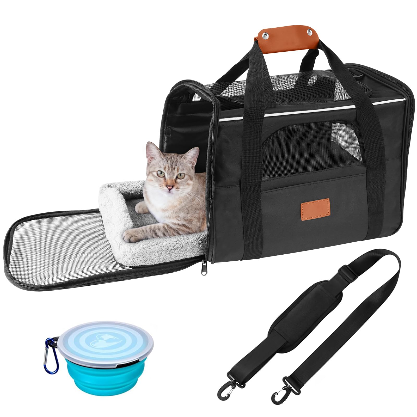 Faltbar Transportbox Katzen, Katzentransportbox mit Sicherheit Reißverschlüsse, Napf, Wendekissen, Katzen Transportboxen für kleine bis mittelgroße Katzen und Welpen bis 7 kg