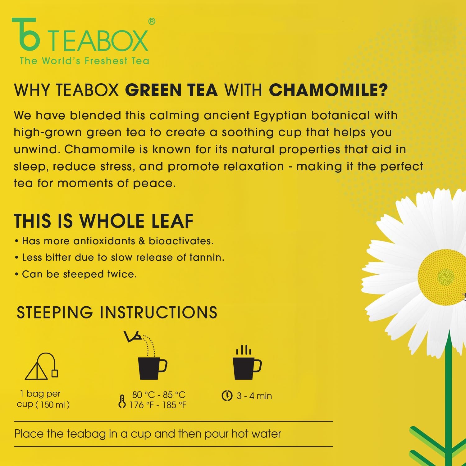 Teabox 100 bolsas de té verde de manzanilla, con flores de manzanilla egipcia y té verde de hoja entera, mezcla calmante para relajación y sueño, baja cafeína, fresco y aromático