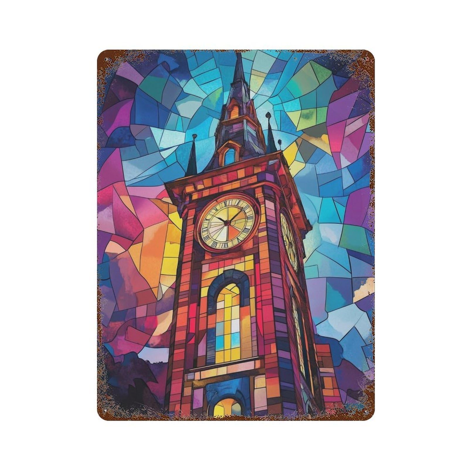 Colorful Stained Glass Clock Tower Vintage Rust Metal Sign 15.7"x11.8", Shabby Chic Decor for Garage, Pub Or Kitchen