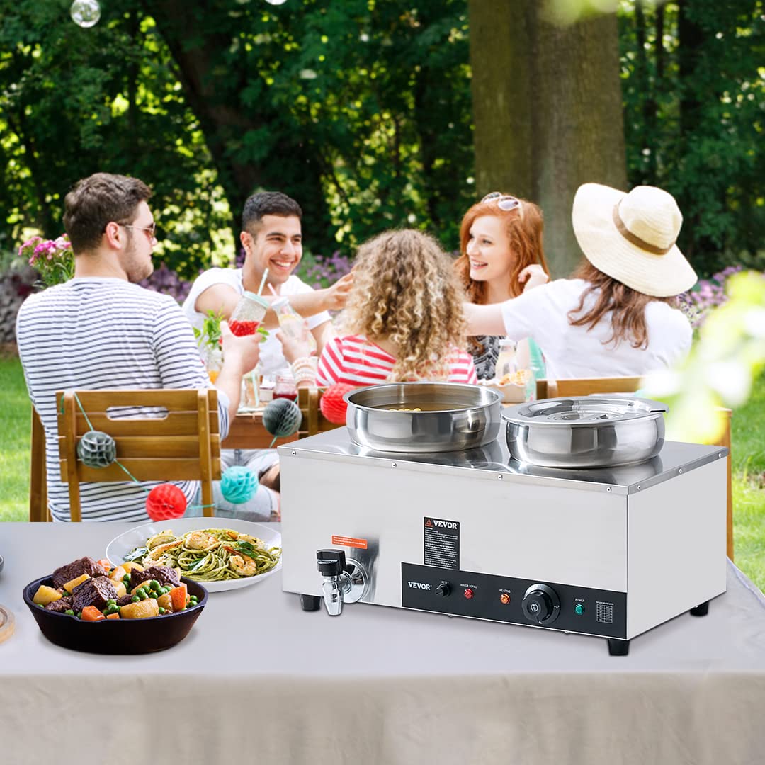 VEVOR Chauffe Soupe de Restaurant 2x7 L Station de Soupe Électrique 1200 W Chauffe-Plat avec Marmites en INOX 30-85 °C Protection Contre Brûlure Sèche Réchauffe Sauce Fromage Chocolat Buffet Traiteur