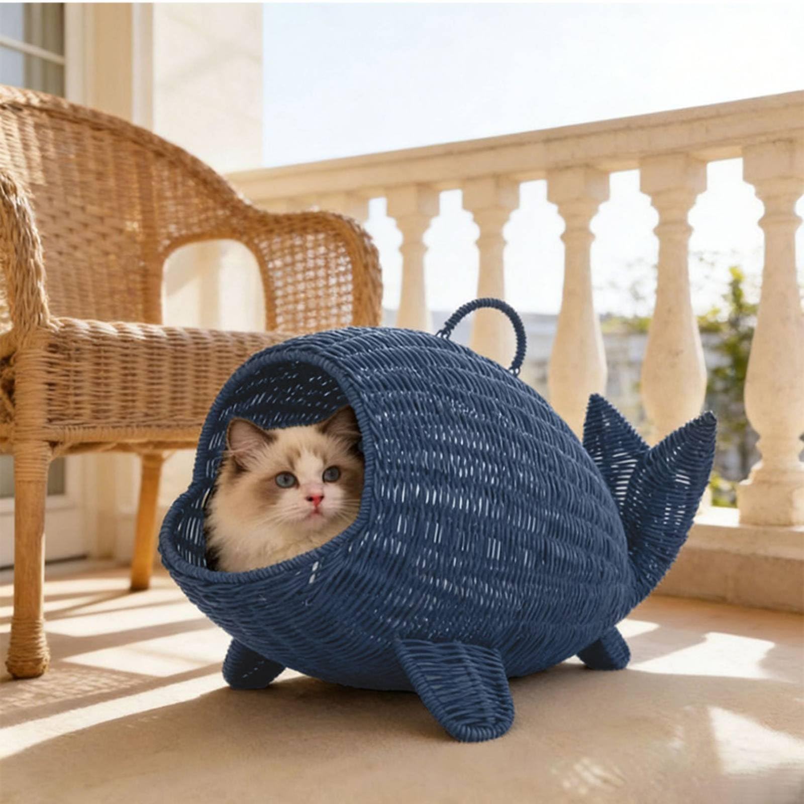 Cuccia a Forma di Mammifero Marino Morbido Cuccia Effetto Rattan Intrecciato Traspirante Cesto Gatti Vimini