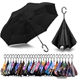 49/56 Inch Inverted Reverse Upside Down Umbrella, Extra Large Double Canopy Vented Windproof Waterproof Stick Golf Umbrellas with C-shape Handle.