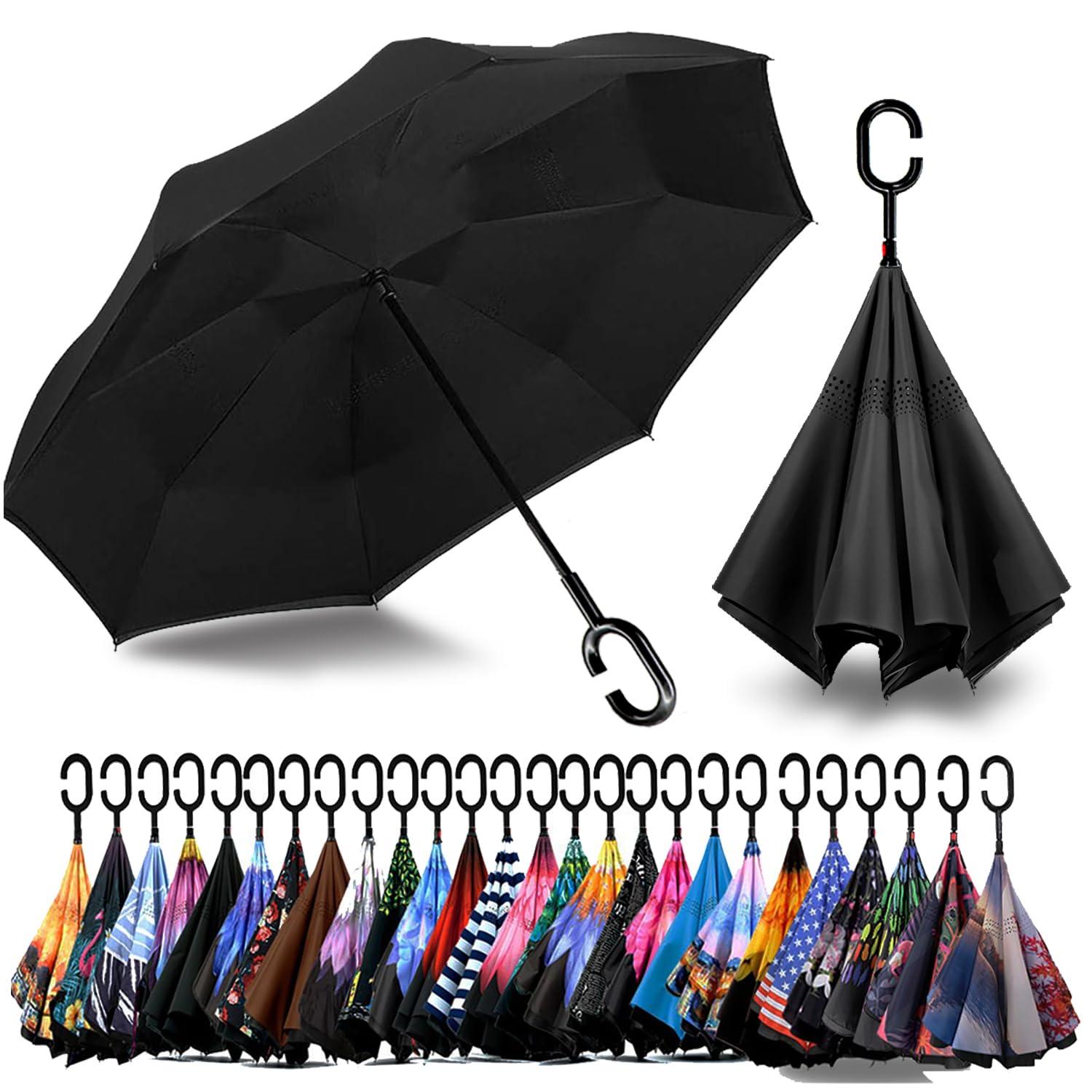 SIEPASA49/56 Inch Inverted Reverse Upside Down Umbrella, Extra Large Double Canopy Vented Windproof Waterproof Stick Golf Umbrellas with C-shape Handle.