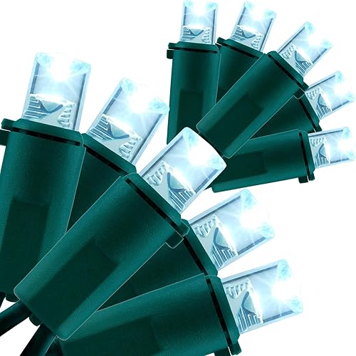 YULETIME Luces LED de Navidad de gran angular de color blanco frío, 200 unidades, 50 pies, paquete de 2 hebras de 25 pies, 100 luces con