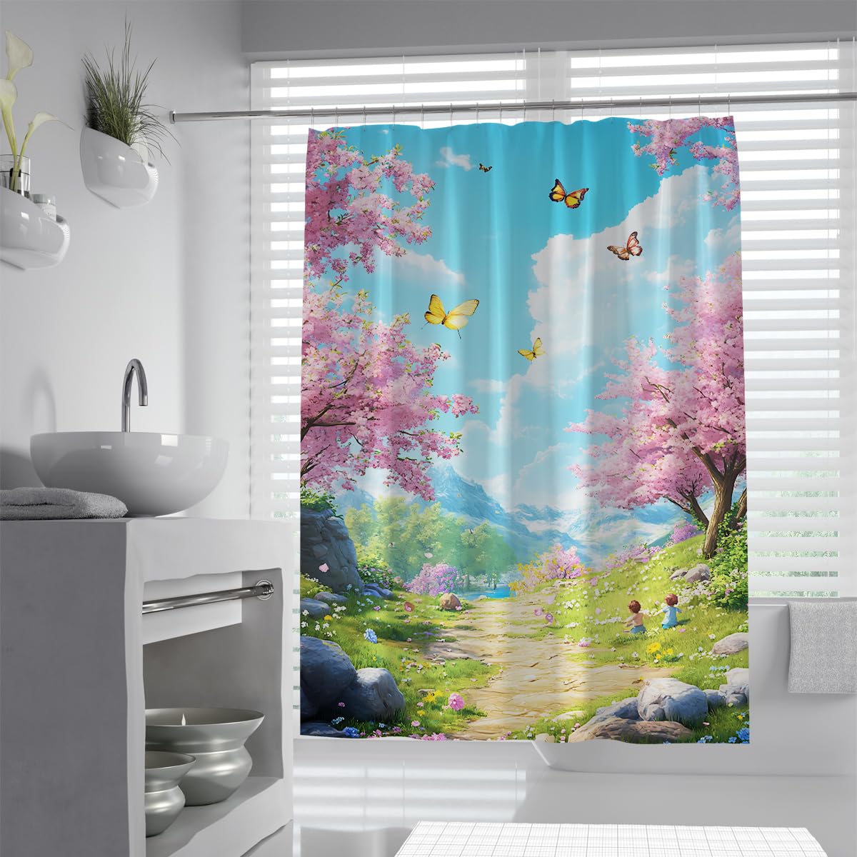 UERWOWELL Boho Dreamy Nature Landscape Shower Curtain Cherry Blossom Flying Butterflies and Country Path Bath Curtain Fantasy Whimsical Bathroom Decoration W150xL180 cm