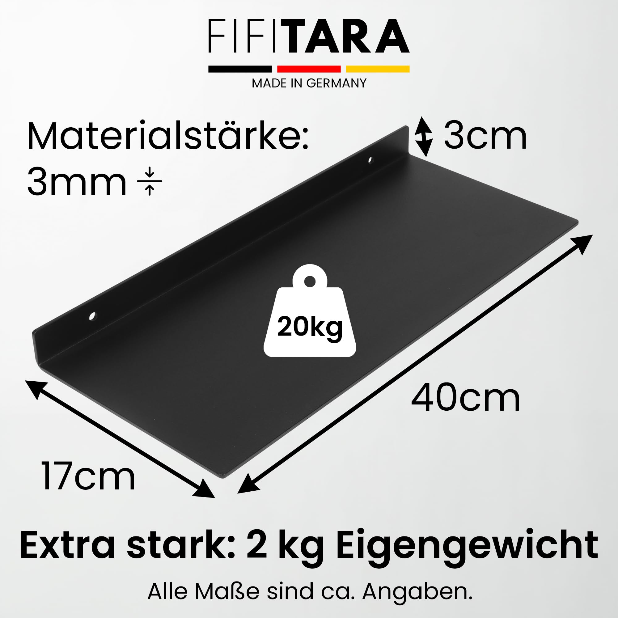 Wandregal Stahl 40 cm 2er Set – Metallregal schwarz matt – Regal Wand 3 mm Dicke – Bücherregal – Küchenregal hängend – Schweberegal inkl. Dübel, Schrauben