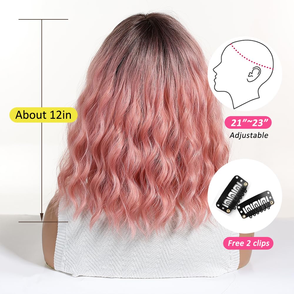 OUFEI Pink Bob Wigs for Women Short Wavy Wig With Bangs with Dark Roots Natural Synthetic Hair Heat Resistant Wigs for Daily Party Cosplay Wear - Image 4