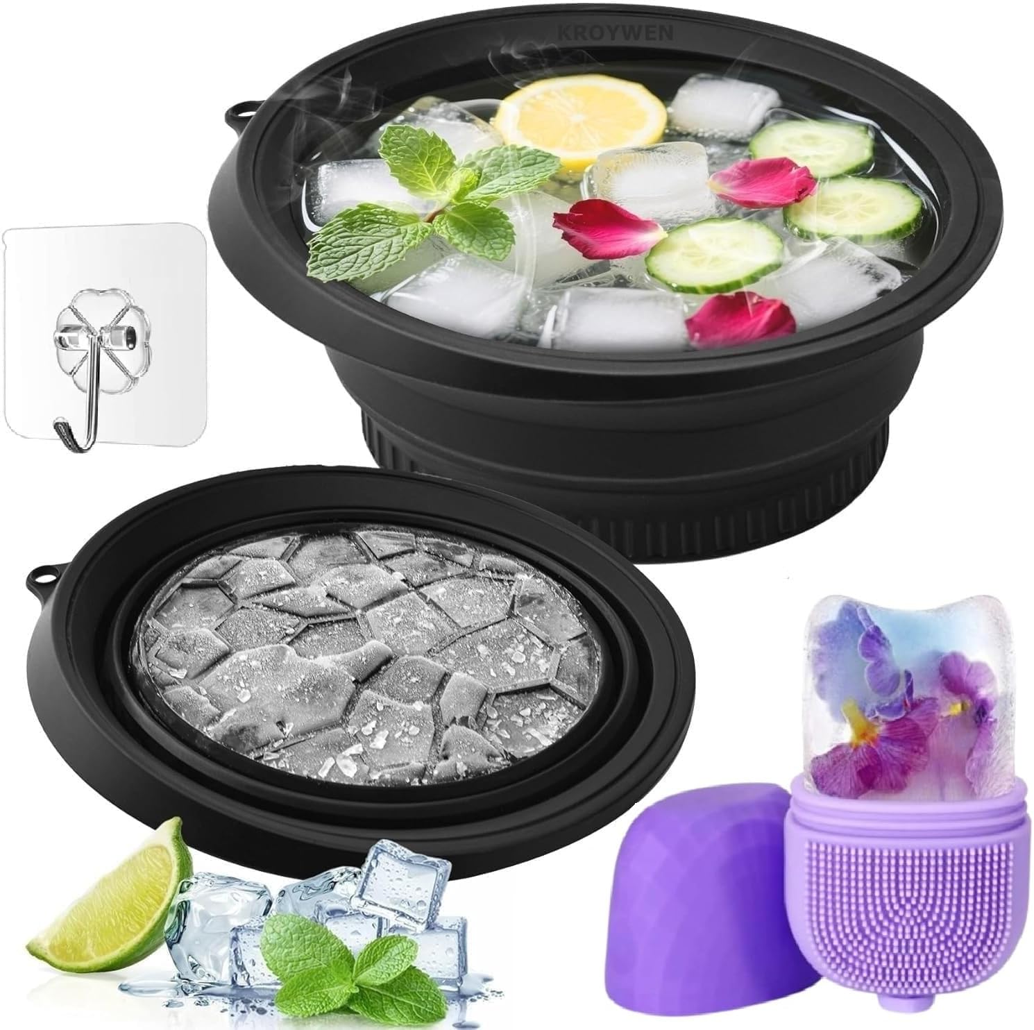 KROYWEN Silicone Collapsible Face Bowl with Built-in Ice Tray, Modern Style, Black, Round, Dishwasher Safe, for Face Bath, Soaking, Washing | BPA-Free | for Men and Women (with A Free Hook 1-pic)