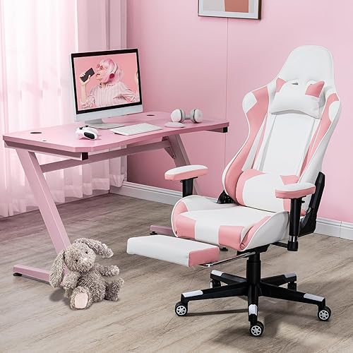 ECOTOUGE Silla de juegos de PC con reposapiés, silla ergonómica de escritorio de oficina, silla reclinable de cuero de carreras con reposacabezas y