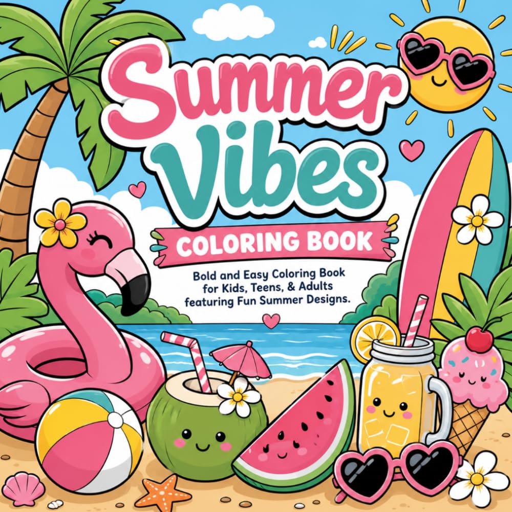 Summer Vibes Coloring Book: Bold and Easy Coloring Book for Adults and Kids with Cute Beach, Tropical, and Summer Vacation Scenes for Relaxation.