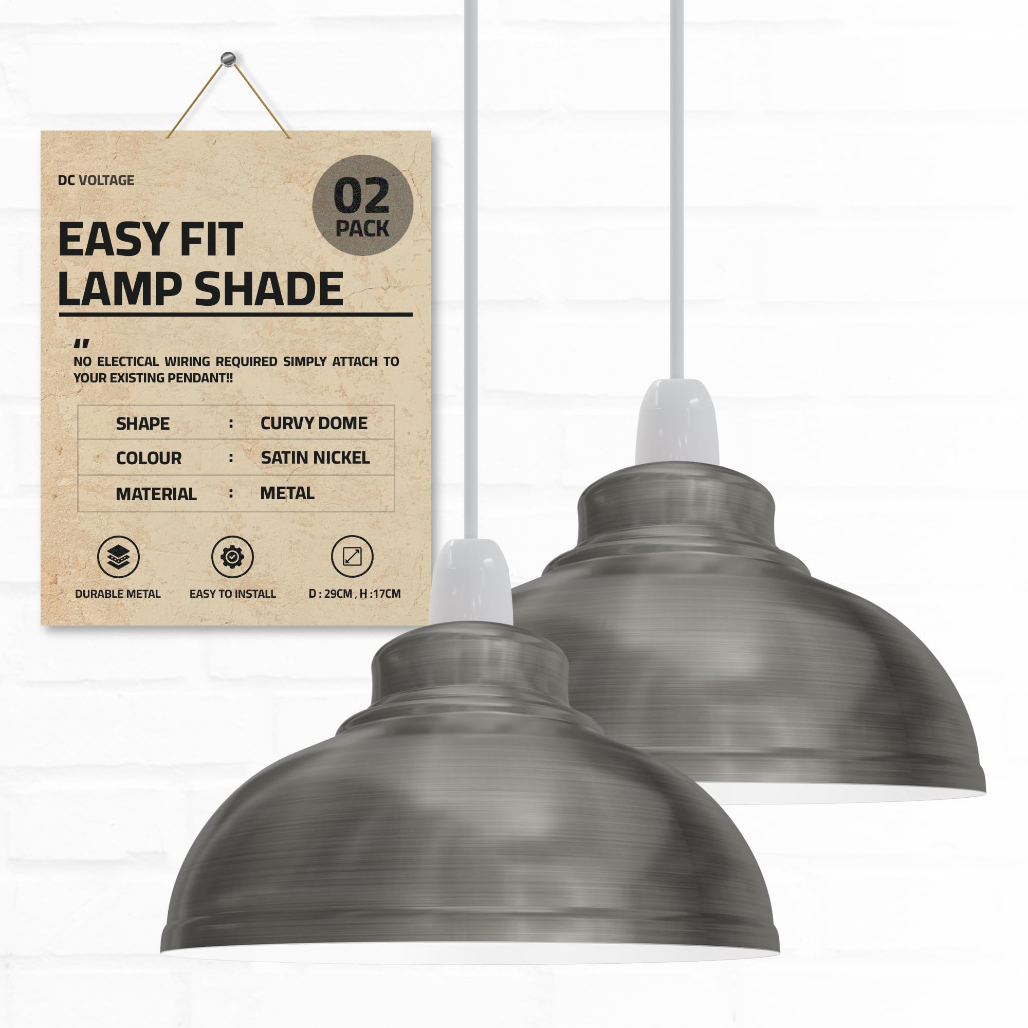 2 Packs Vintage Industrial Style Black Hanging Ceiling Pendant Light Fitting | E27 Base Metal LampShades for Kitchen Island, Living Room, Bedroom, Restaurant, Farmhouse (Satin Nickel) โ image 1