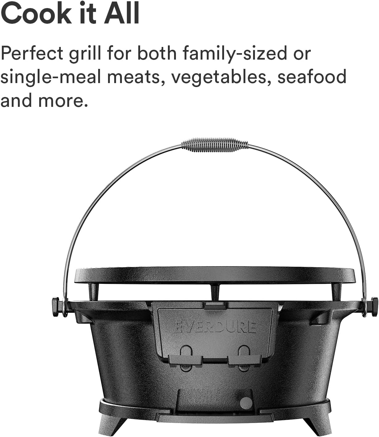 Everdure Round Cast Iron Grill & Cover – Outdoor, 2-In-1 Portable, Tabletop Grill and Griddle - 100% Cast Iron, Enameled, Durable, Small Charcoal Grill, Camping Stove or Hibachi Grill