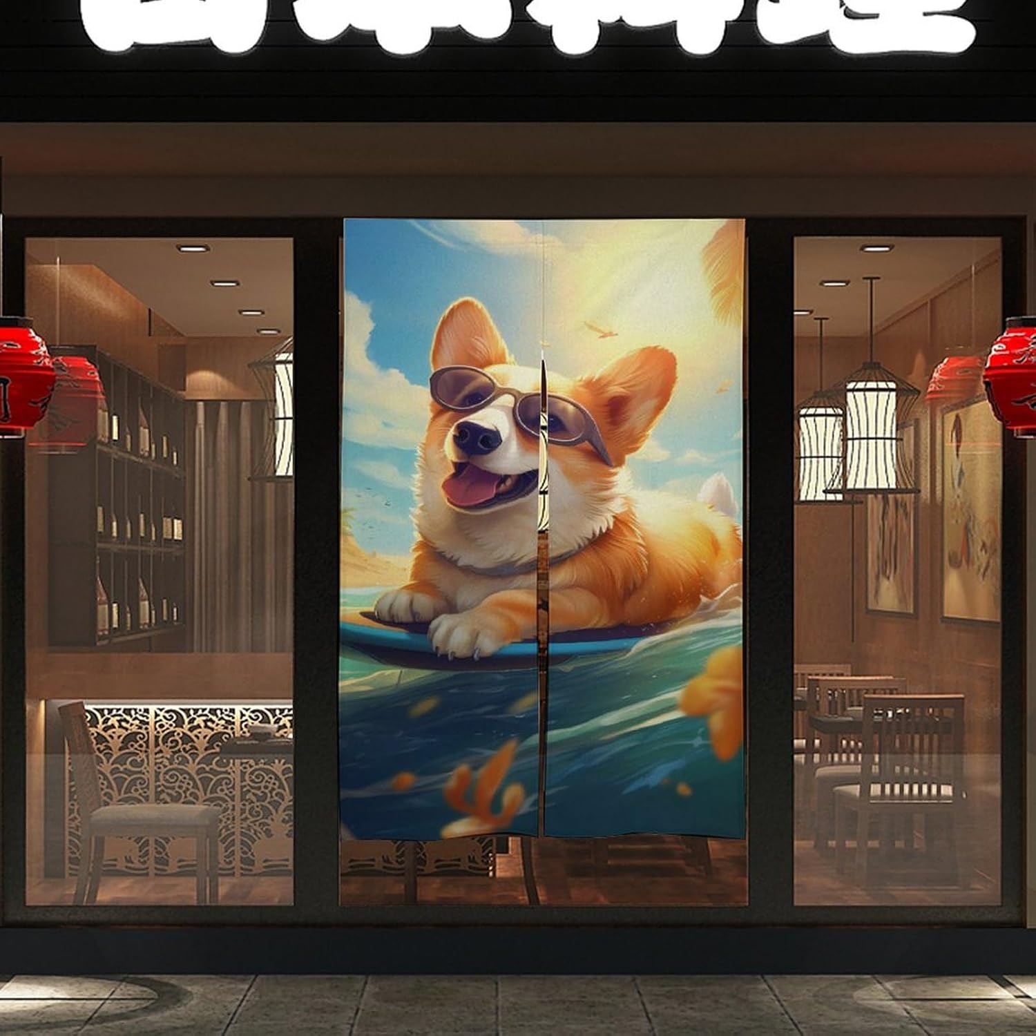 Corgi Dogs Surfers Door Curtain Blackout Door Cover Curtains Door Screen for Home Accessories