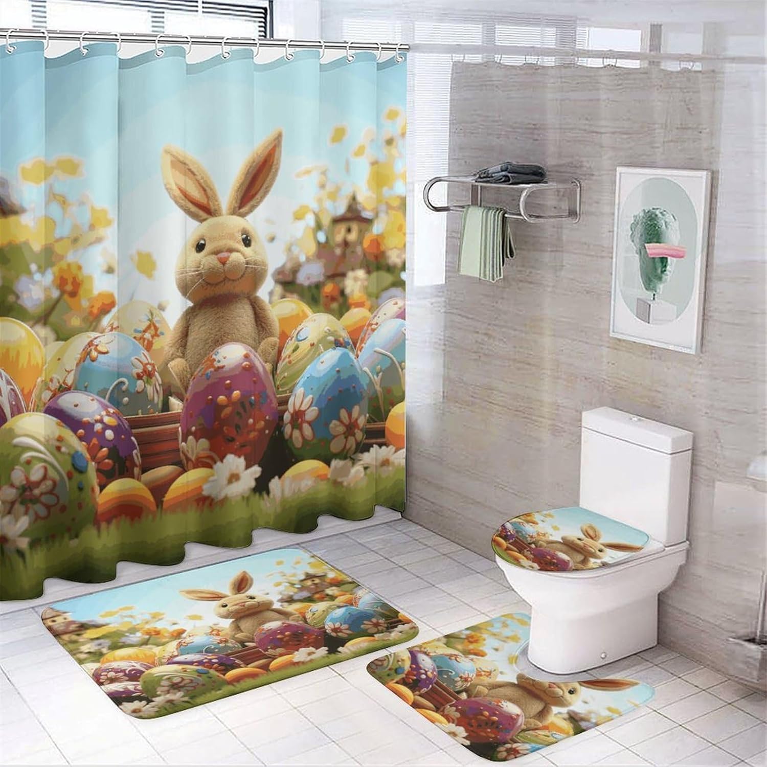 Easter Colorful Eggs 4Pcs Shower Curtain Set with Non-Slip Rugs, Toilet Lid Cover and Bath Mat,Bathroom Set Decor Accessories,Curtain Set with 12 Hooks, 72 X 72 Inch