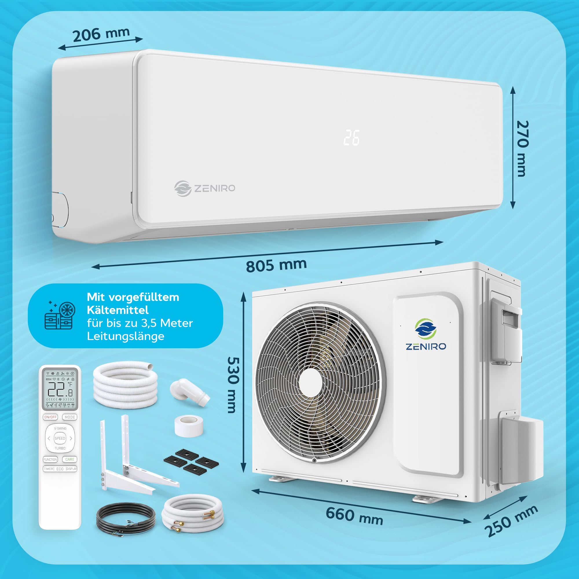 Split Klimaanlage Klimagerät Set Air Conditioner mit Heizfunktion 12000 BTU 3,5kW A++ WiFi/App-Steuerung 4D AirFlow Auto Reinigung inkl. Montagematerial Vorgefüllt R32