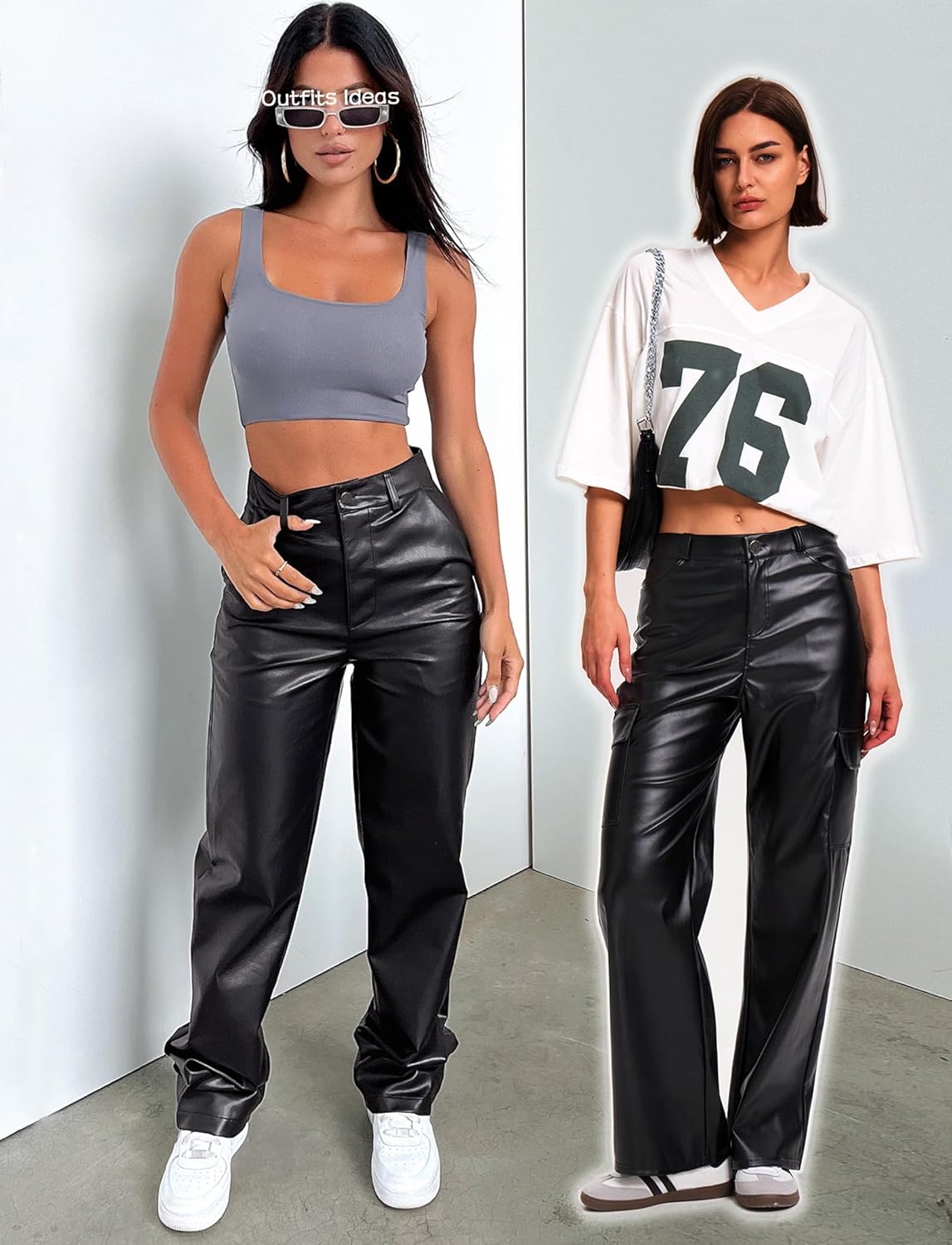 OZICERD Black Faux Leather Pants for Women High Waisted Flare Cargo Pants Y2k Straight Wide Leg Pleather Pants with Pockets - Image 6