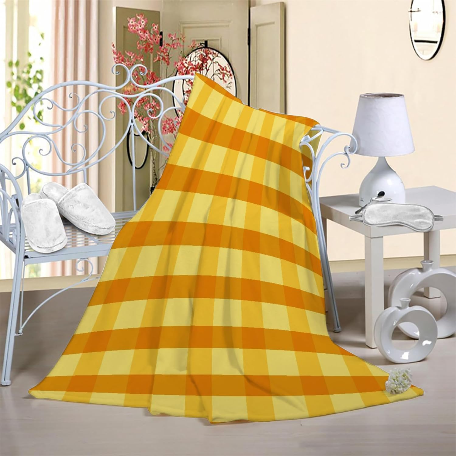 Manta Cuadros Amarillos 200x220 cm Manta Polar de Franela Cuadros Naranjas para Sofa y Cama, Mantas Ligeras, Caliente y Transpirable, Todas Las Estaciones a-5080