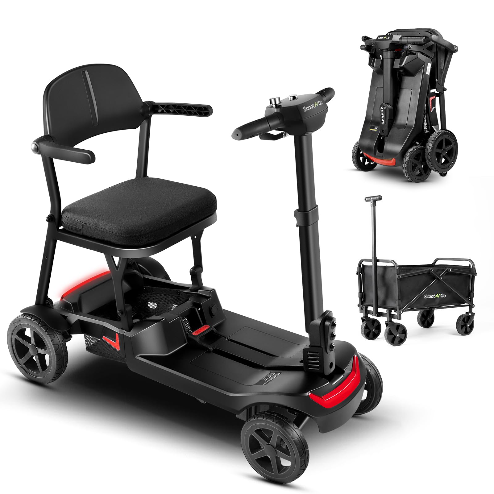 Mobility Scooters for Seniors & Adults 4 Wheel Travel Mobility Scooter Airline Approved with Two Batteries, Lightweight, Foldable, No Assembly Needed (Black Red, Dual Batteries with Wagon)