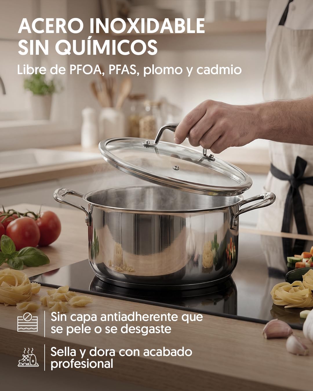La Moustache - Batería de Cocina de Acero Inoxidable 10 Piezas con Tapas de Vidrio (Ø16/18/20/24/26 cm) - Juego de Ollas y Sartenes para Inducción, Sin Recubrimientos, Apta Lavavajillas (Titan Inox) - 3