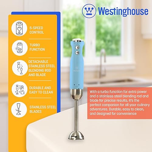 Miniatura 4 de Westinghouse Batidora de mano  Licuadora de inmersión de 5 velocidades con función turbo, hoja y varilla de acero inoxidable, 500 W de potencia,