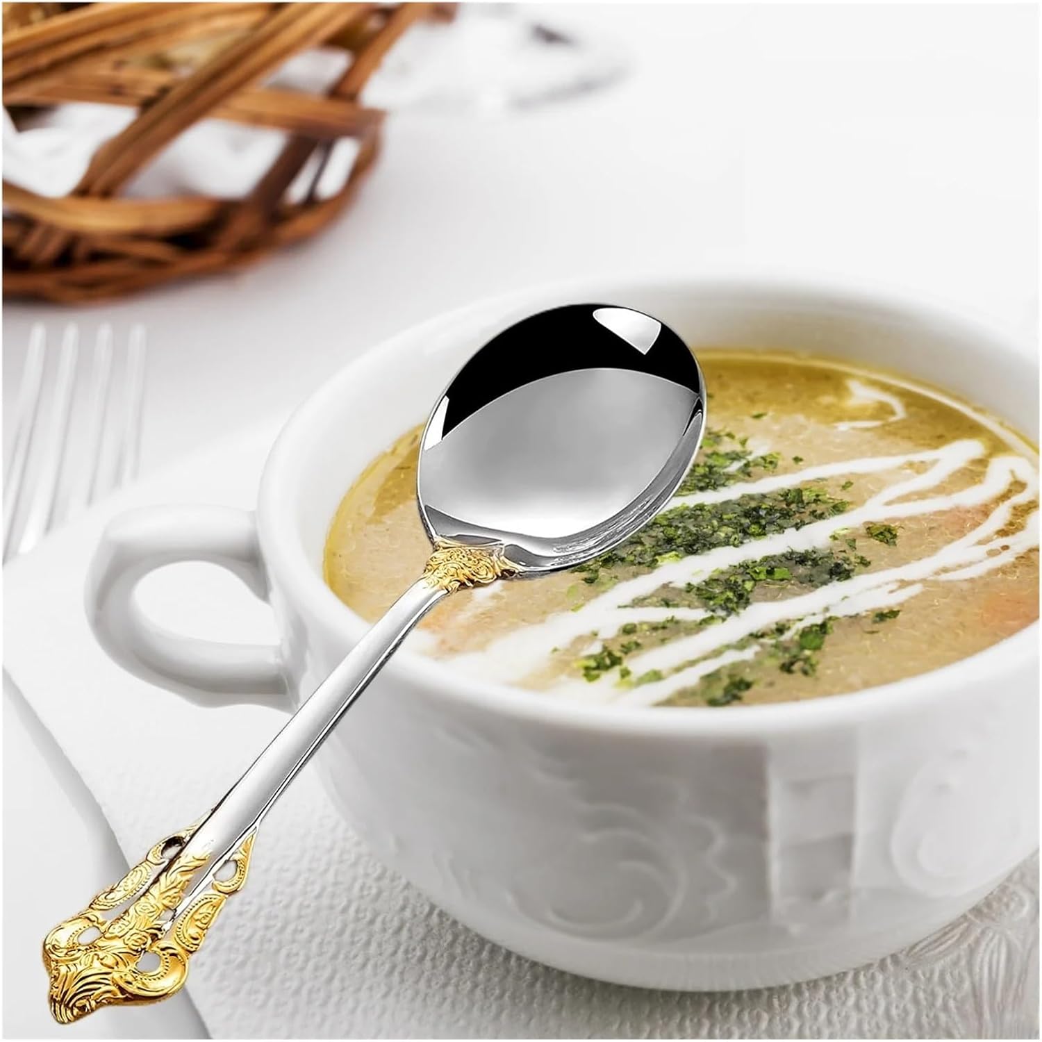 Fit for 7" Stainless Steel Gold Round Spoon Set - Spoons for Cereal, Ice Cream, Oatmeal, and Dessert Soup(Mirror Gold,4 Pieces)