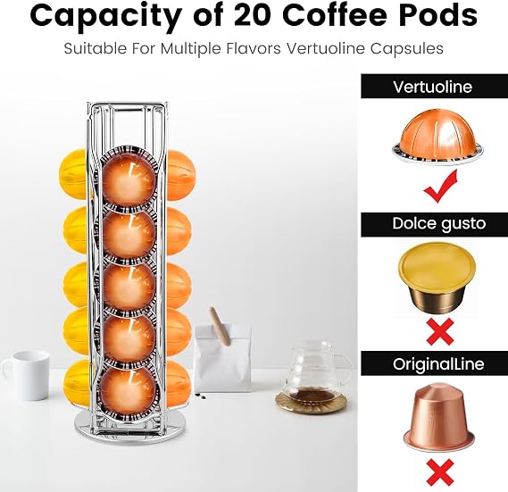 Coffee Pod Stand Holder for Nespresso Vertuoline 20 Pods Coffee Bar Vertuo Pod Organizer Rack Holds 360° Rotatable Coffee Capsules 20 Pods Holder Spinner for Nespresso Vertuo Line Silver