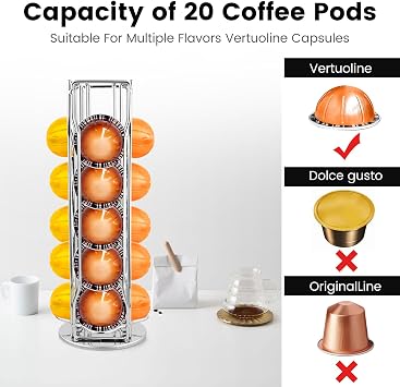 Coffee Pod Stand Holder for Nespresso Vertuoline 20 Pods Coffee Bar Vertuo Pod Organizer Rack Holds 360° Rotatable Coffee Capsules 20 Pods Holder Spinner for Nespresso Vertuo Line Silver