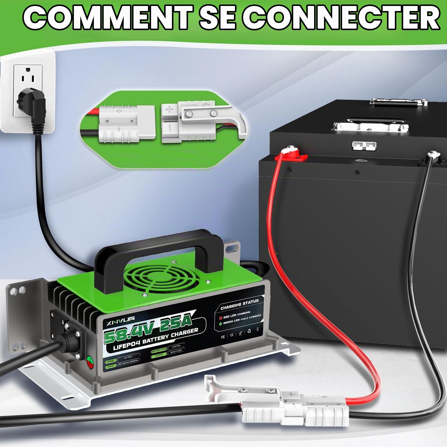 Chargeur 58.4V 25A LiFePO4 pour Chargeur de Batterie au Lithium Fer Phosphate 48V (51.2V), Charge Rapide, protège la Batterie