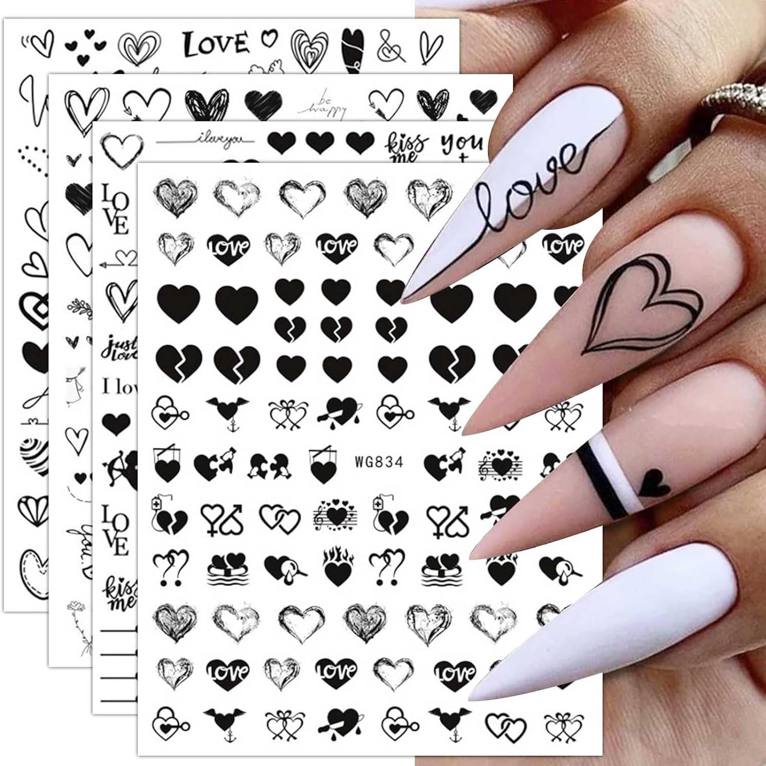 8 Sheets Love Nail Art Stickers Decals Self-Adhesive Black Heart Lover Nail Supplies Nail Art Design Decoration Accessories (Love Type 3)