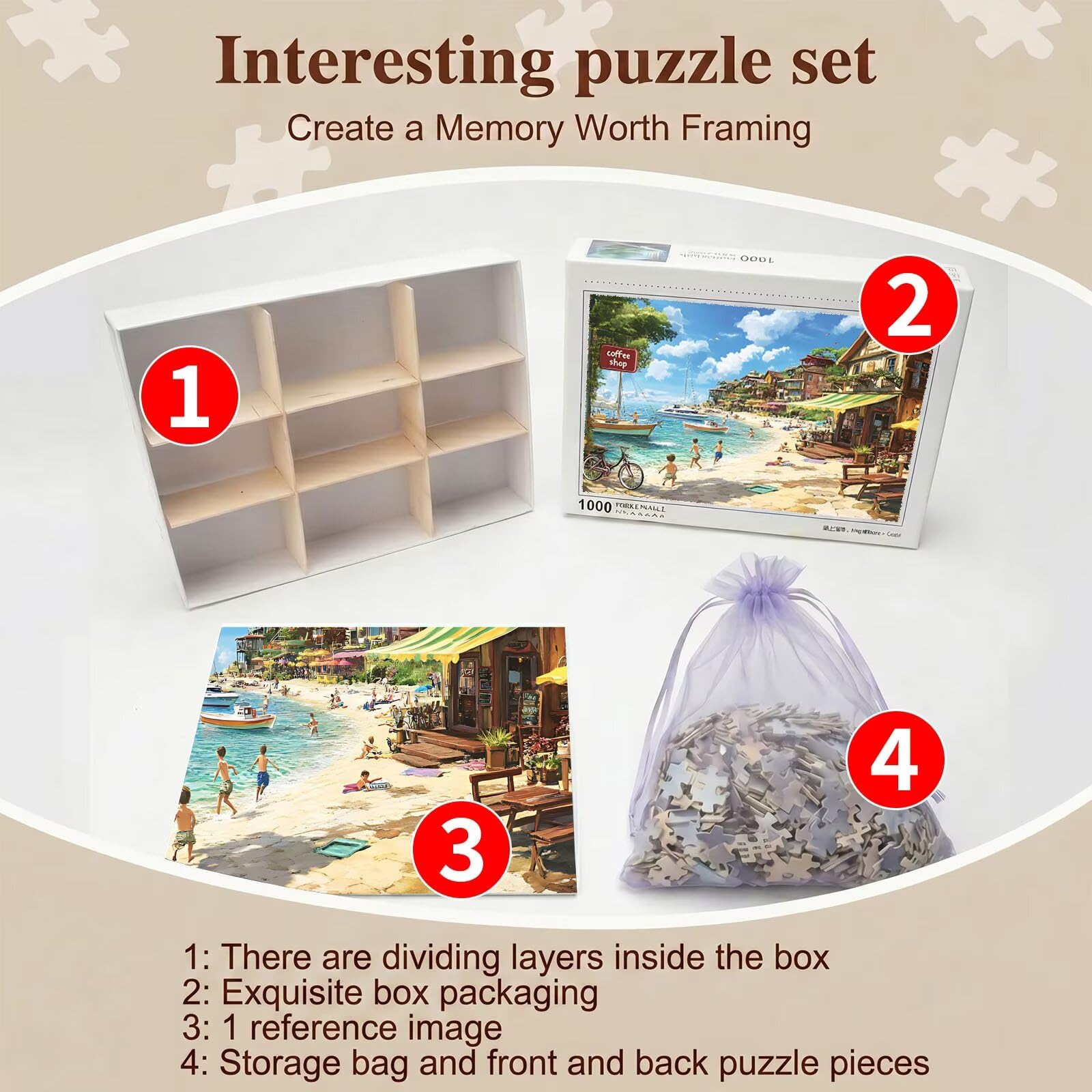 spiaggia piccola città Puzzle 1500 Pezzi per Adulti, Puzzle in Legno - Collezione Classica con Poster Incluso - Sfida di Concentrazione e Passatempo Antistress, Gioco per Famiglia, 87 x 57 cm f0-264