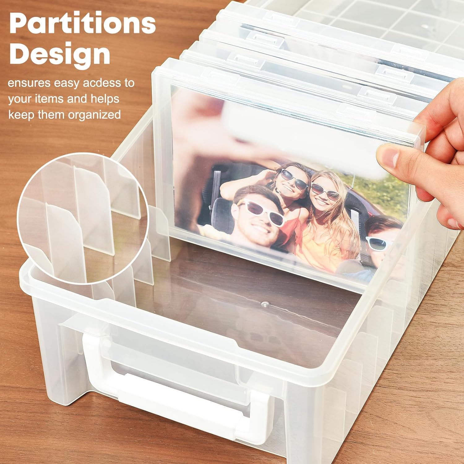 VITEVER Caja de almacenamiento de fotos con asa, 14 x 19 cm, caja de fotos, organizador de fotos, 10 soportes interiores para fotos, cajas de fotos, organizadores de plástico para semillas, tarjetas,