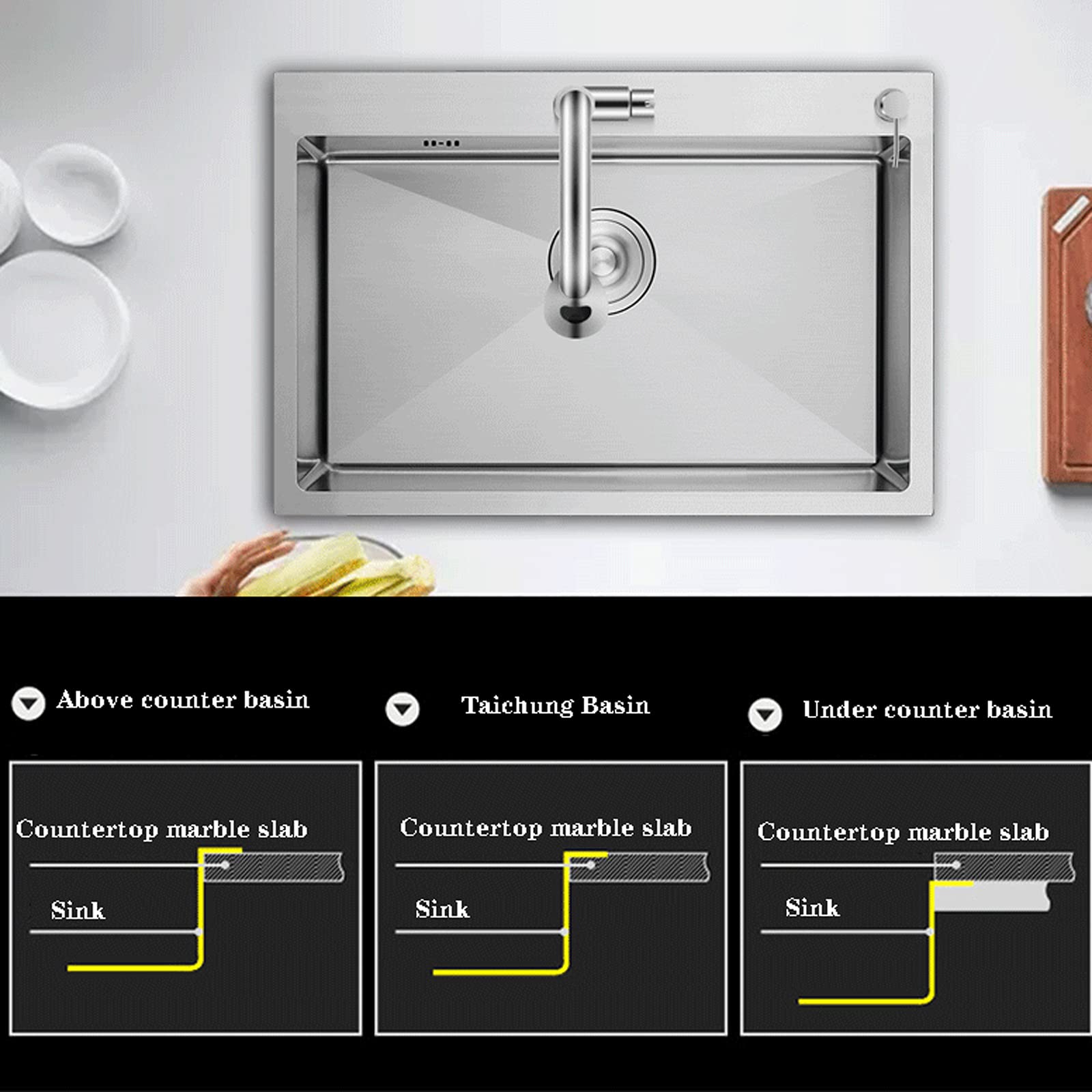 Fregadero de Cocina, Fregadero Individual Cuadrado de Acero Inoxidable con Kit Completo de fontanería, desagüe, instalación bajo encimera y Cesta para Platos (tamaño: 6545, Color: