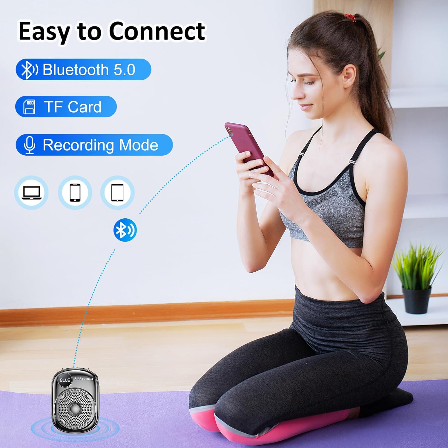 Portable Voice Amplifier Wired Microphone and Speaker,PA System Voice Amplifier with Mic Headset for Teachers,Speech,Tour Guides,Coaches,Yoga, Fitness Instructors Bluetooth 5.0 TF Card (Black) - Image 5