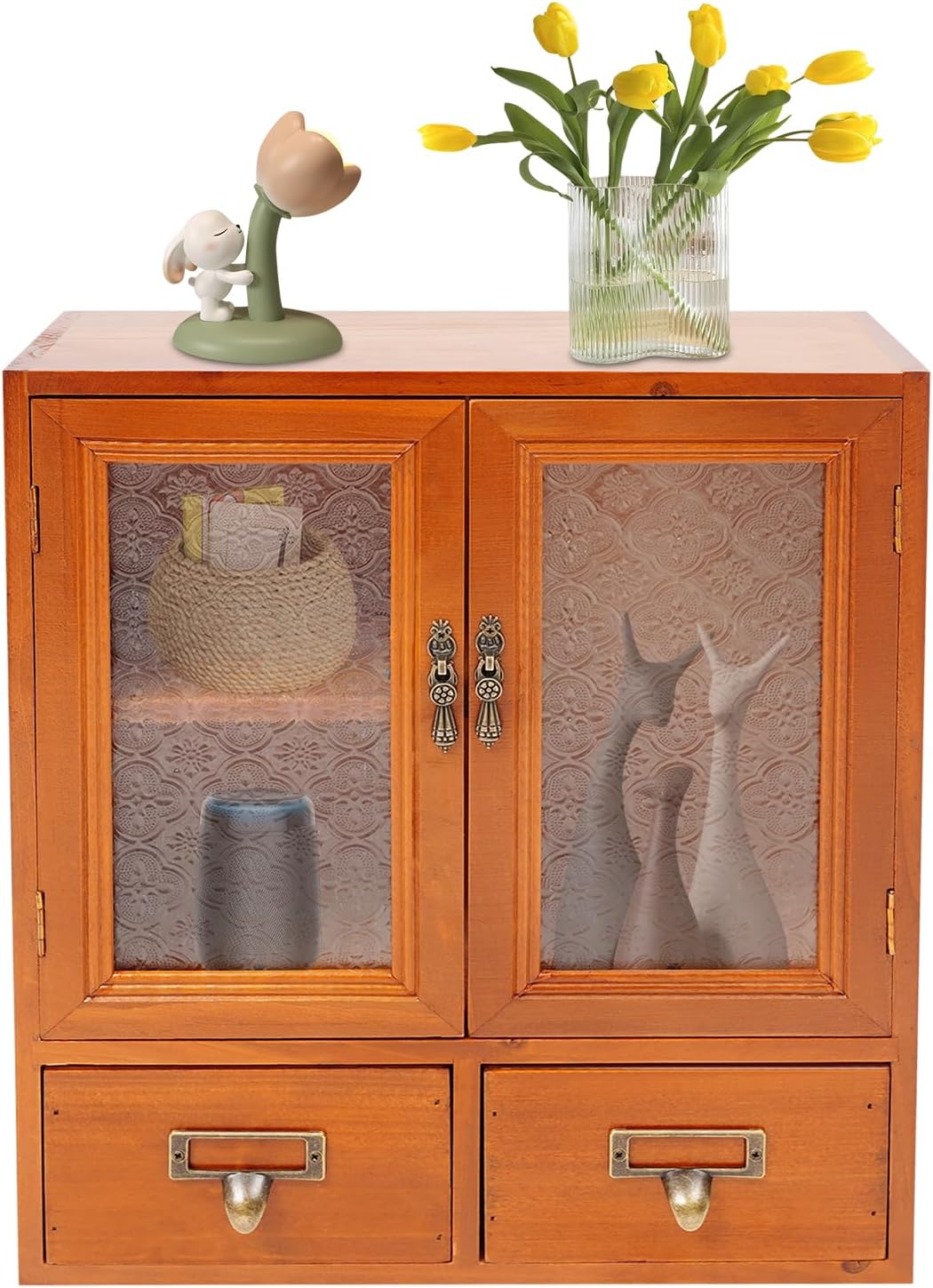 Vintage Countertop Storage Cabinet, Pine Wood Apothecary Cabinet with Drawers and Doors, Rustic Mini Desktop Cabinet for Kitchen, Bathroom, Office, Pantry-12 * 4.7 * 14in