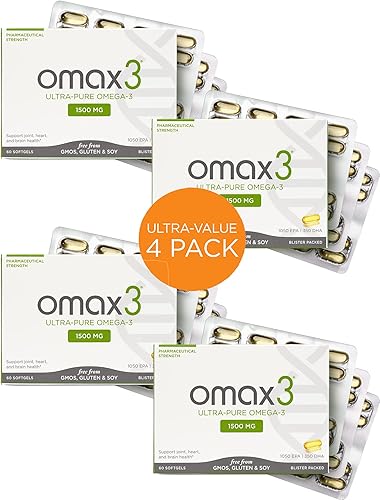 4 cajas Omax3 Ultra Pure Omega-3 Píldoras de aceite de pescado | Alta concentración EPA DHA, 1500 Mg, certificado NSF, sin gluten, sin OMG, hecho en