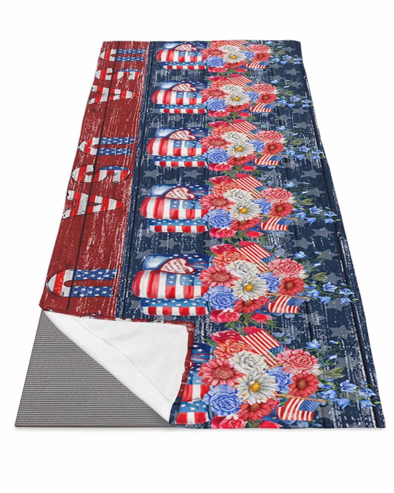 BOSIJOY Yoga Mat Towel,Independence Day USA Flag Flower Non Slip Sweat Absorbent Hot Yoga Towels with Corner Pockets,Star and Stripe on Wooden Soft Microfiber Towel for Pilates Bikram 70