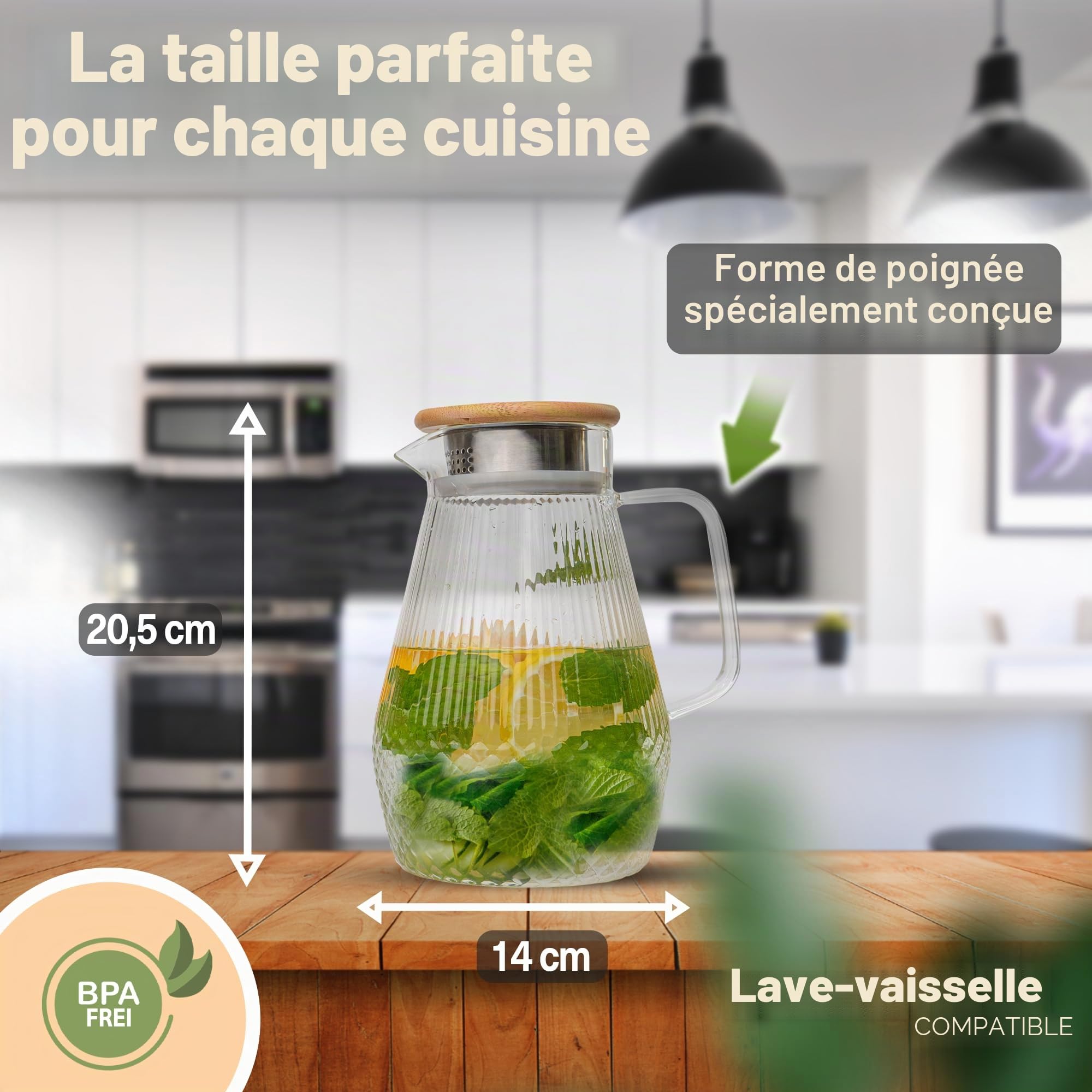 CLIDOR Carafe à eau - 1,5 l - Épaisseur de verre renforcée - Convient pour boissons chaudes et froides - Bec verseur anti-goutte - Carafe en verre moderne - Théière en verre robuste avec couvercle